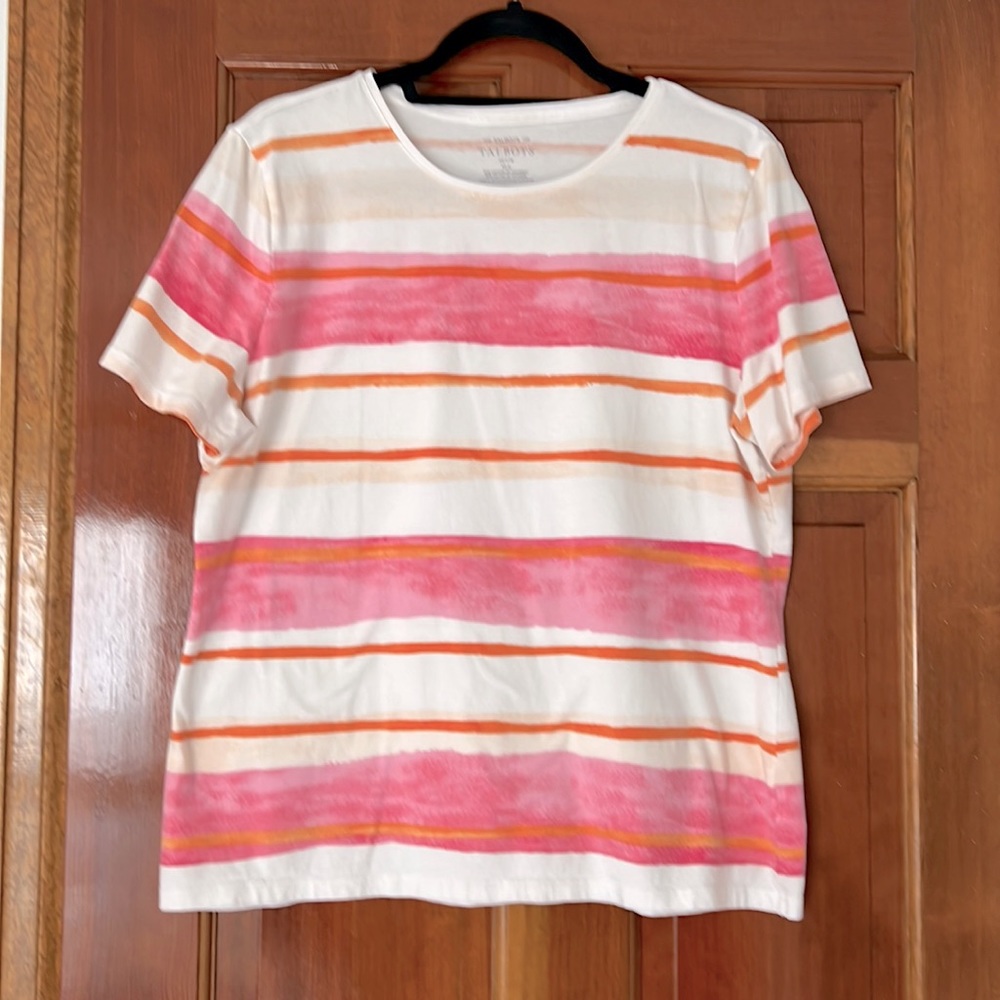 Talbots XLP Tee. White with pink and orange stripes.